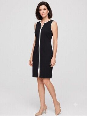 Talbots Black White Contrast Piping Split Neck Sheath Dress 10 Rayon Classic LBD